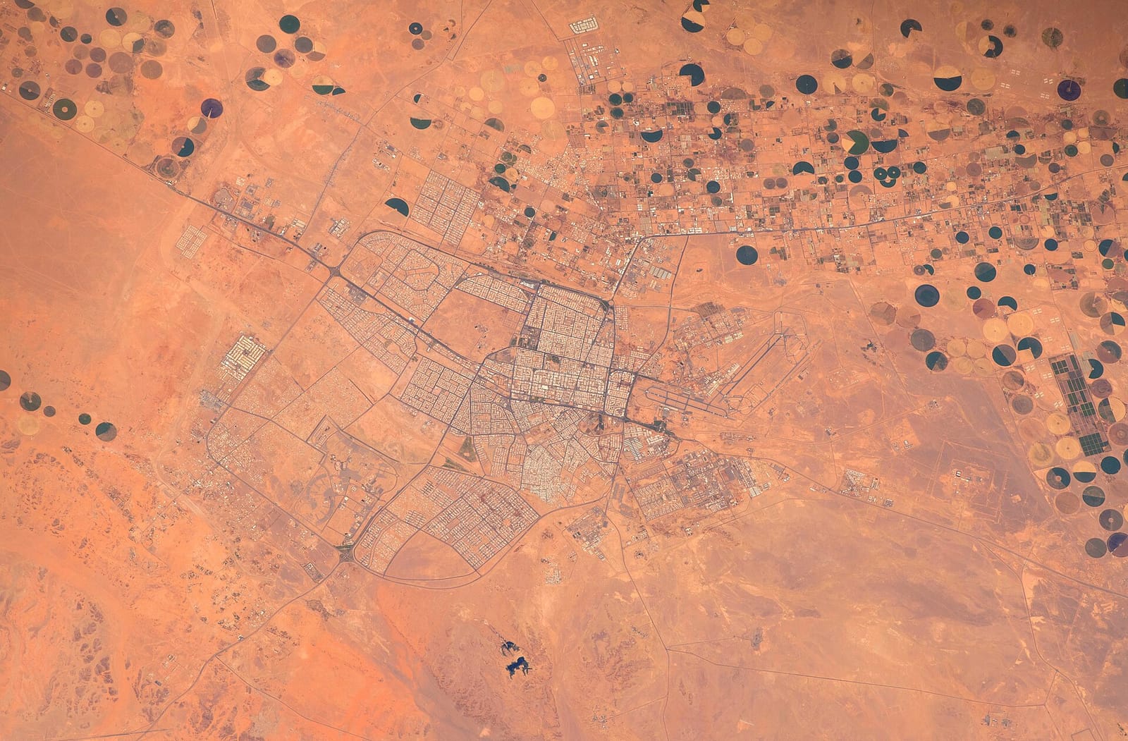 Tabuk, in north-western Saudi Arabia, photographed from the International Space Station. Captain Machchhar is being treated in a hospital in the city. Image: NASA (public domain).