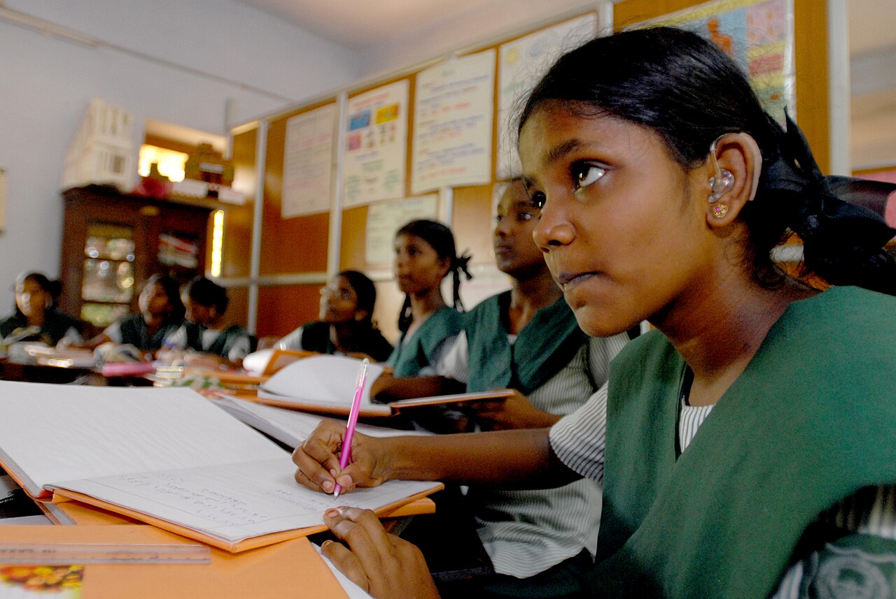 Schoolgirls in a classroom in Chennai, Tamil Nadu
