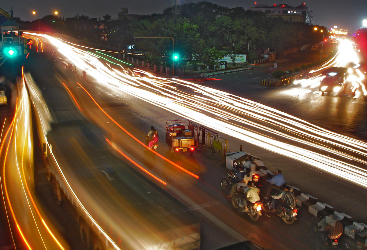 Traffic outside Chennai Fort railway station at night